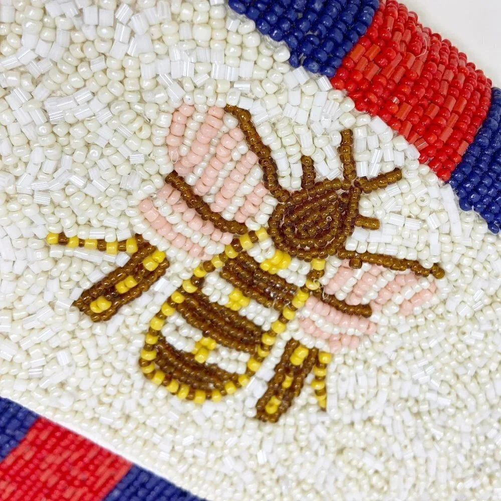 Gold & Pink Bee on Ivory Blue Red Stripe Beaded Clutch